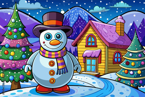 snowman standing on a snowy hill overlooking distant winter cottage, forming a picturesque Christmas 2026 holiday landscape