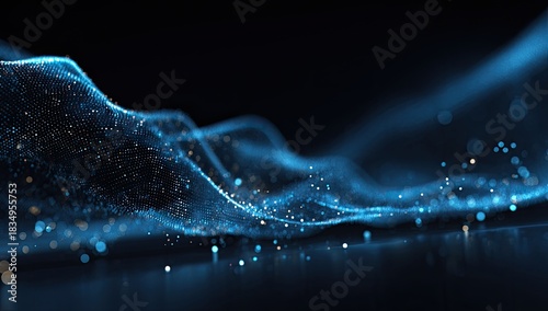 Blue, abstract, wave-like particles with bokeh effect on black background