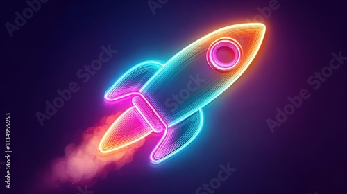 Fototapeta Naklejka Na Ścianę i Meble -  Neon rocket ship blasting off against a vibrant, colorful background