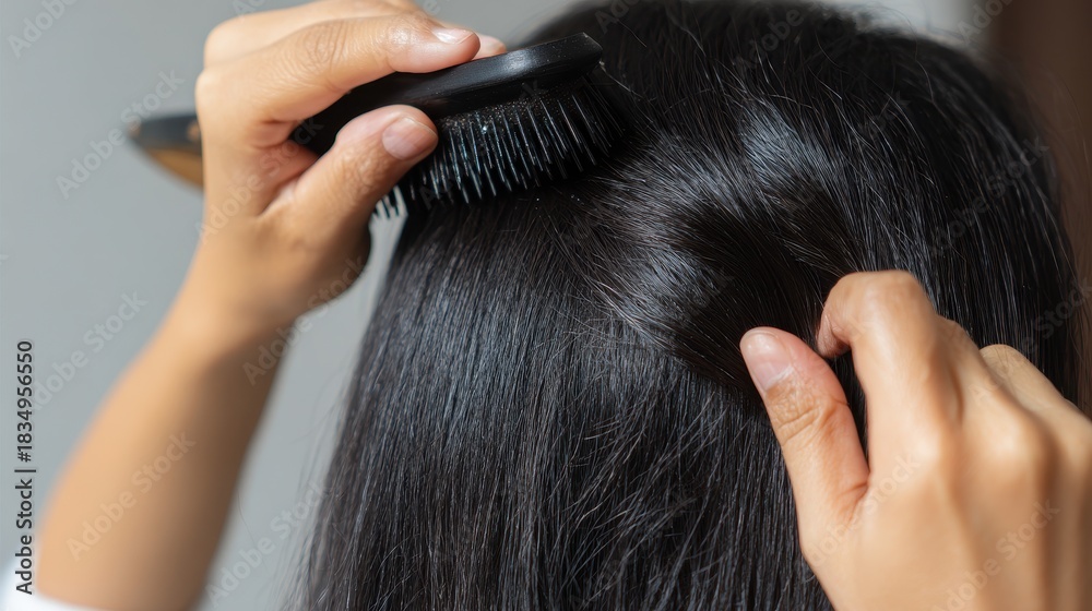 Fototapeta premium Brushing long, straight black hair in a bright indoor setting near a window