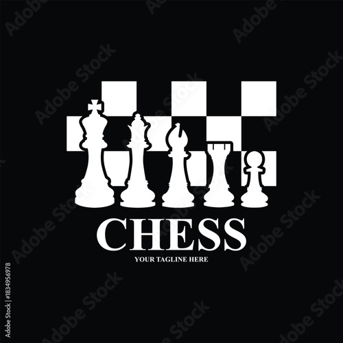 Minimalist chess logo featuring silhouettes of King, Queen, Bishop, Rook and Pawn pieces against a chessboard pattern background.