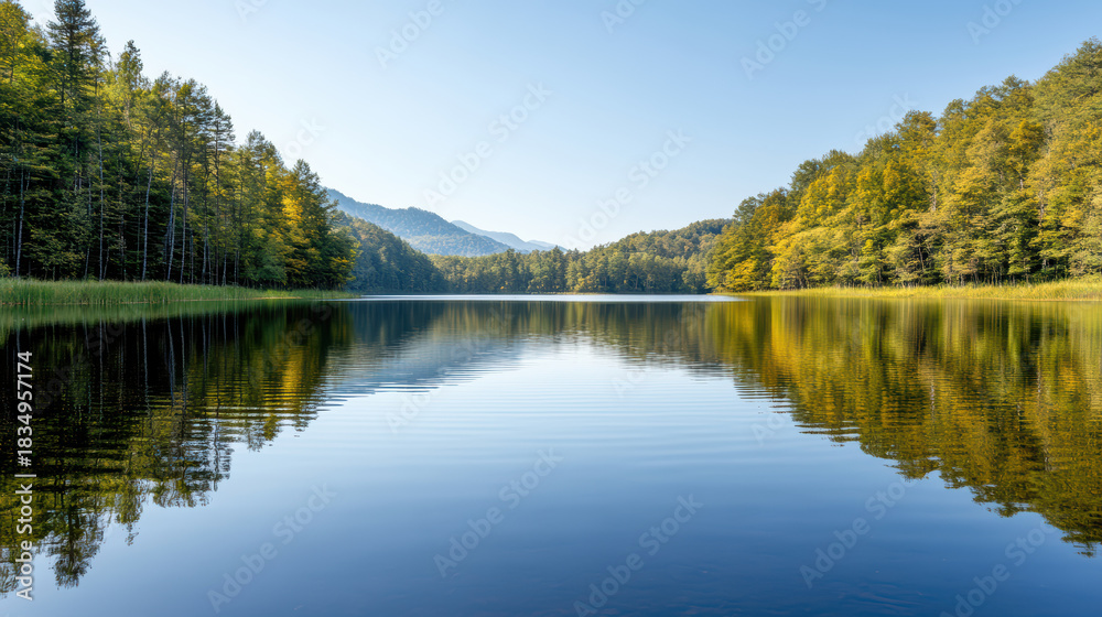 Obraz premium Calm lake reflecting autumn trees and distant mountains at sunrise