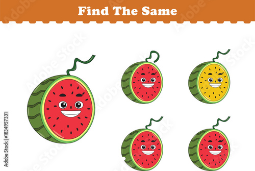 Funny cartoon fruits. Find same pictures. Educational game for children. Cartoon vector illustration