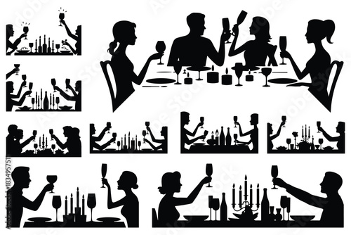 Silhouettes of people toasting at dinner tables with candles