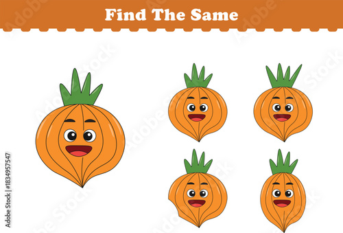 Funny cartoon fruits. Find same pictures. Educational game for children. Cartoon vector illustration