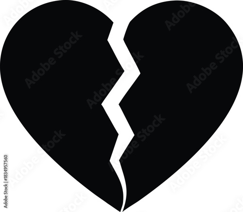 A simple black and white illustration depicts a broken heart symbolizing sadness and