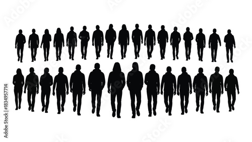 Diverse group of walking people silhouettes isolated on white background, Vector