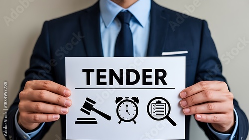 Businessman holding tender document with bidding icons for procurement and contract process
