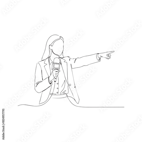 Continuous one line drawing of a female journalist holding a microphone and pointing. News reporter broadcasting concept in a minimalist vector art style.
