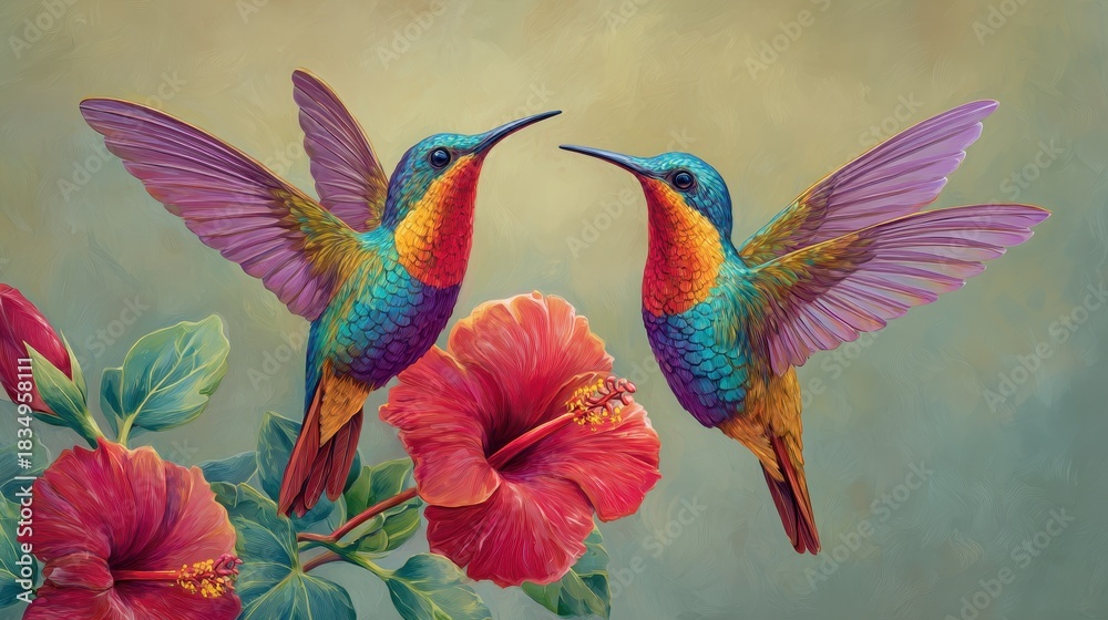 Naklejka premium Two colorful hummingbirds interacting near vibrant hibiscus flowers in a tropical setting