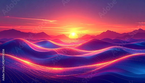 Surreal digital illustration of a sunset over glowing wave-like hills