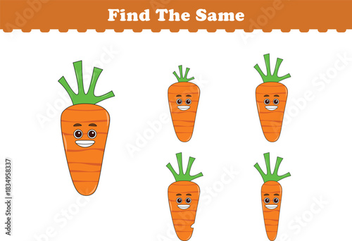 Funny cartoon fruits. Find same pictures. Educational game for children. Cartoon vector illustration