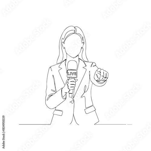 Continuous one line drawing of a female journalist holding a microphone and pointing. News reporter broadcasting concept in a minimalist vector art style.
