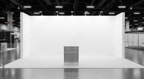 An empty trade show booth stands ready for exhibitors to customize and showcase their products or services at a convention center event professional stock photography content
