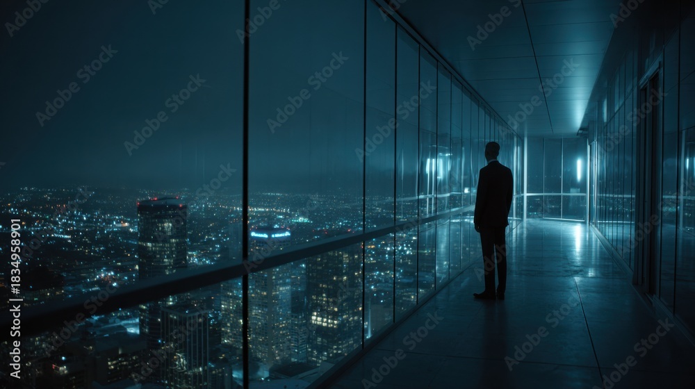 Fototapeta premium Silhouette of businessman standing alone in modern glass corridor at night overlooking illuminated city skyline symbolizing solitude ambition and corporate success