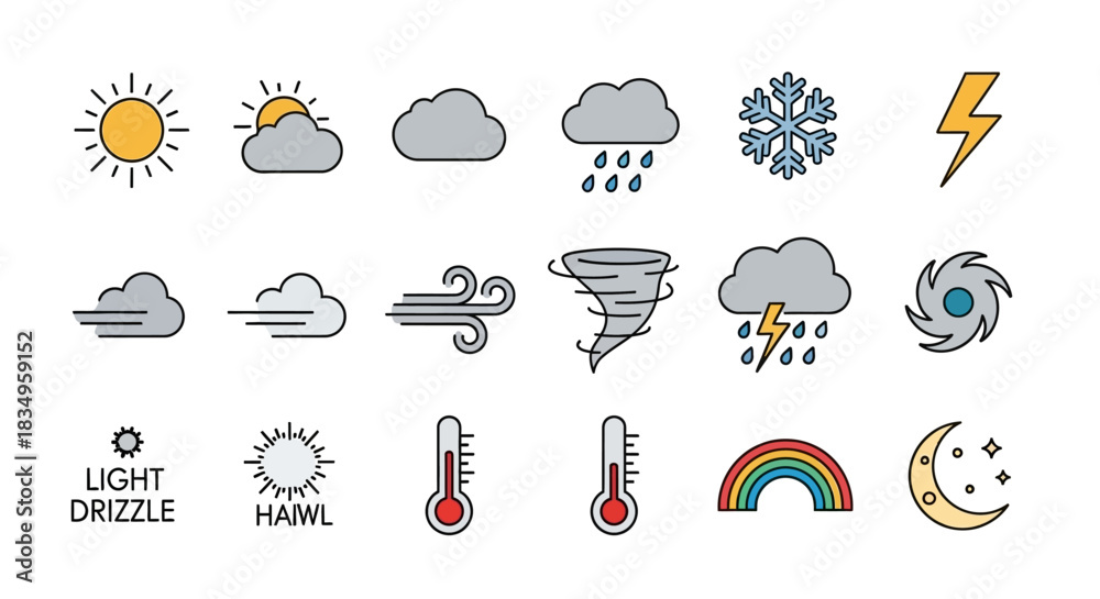 Fototapeta premium Clean line art depicts various weather icons, including sun, clouds, rain, and a tornado, arranged in rows against a white background, creating a bright and informative
