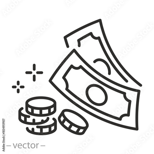Cash money icon. Wealth. Prosperity. Editable stroke vector illustration. Dollars or euro. Coin stack.