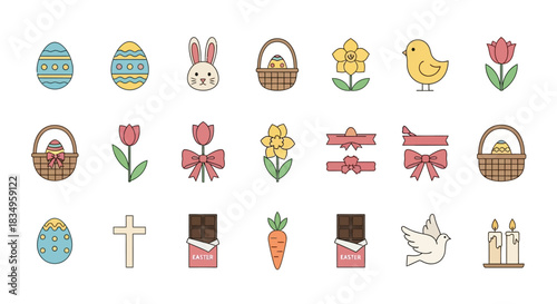 Flat lay illustration of Easter elements including colored eggs, bunny, and chocolate on white, featuring clean lines and bright pastel hues, creating a festive mood.