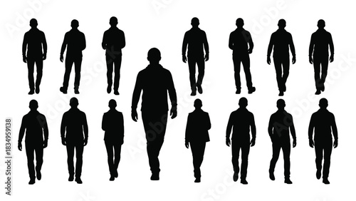 Diverse silhouettes of walking people isolated on white background, Vector