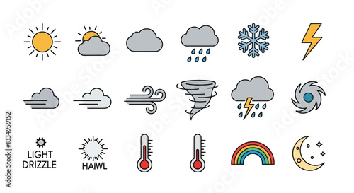 Clean line art depicts various weather icons, including sun, clouds, rain, and a tornado, arranged in rows against a white background, creating a bright and informative