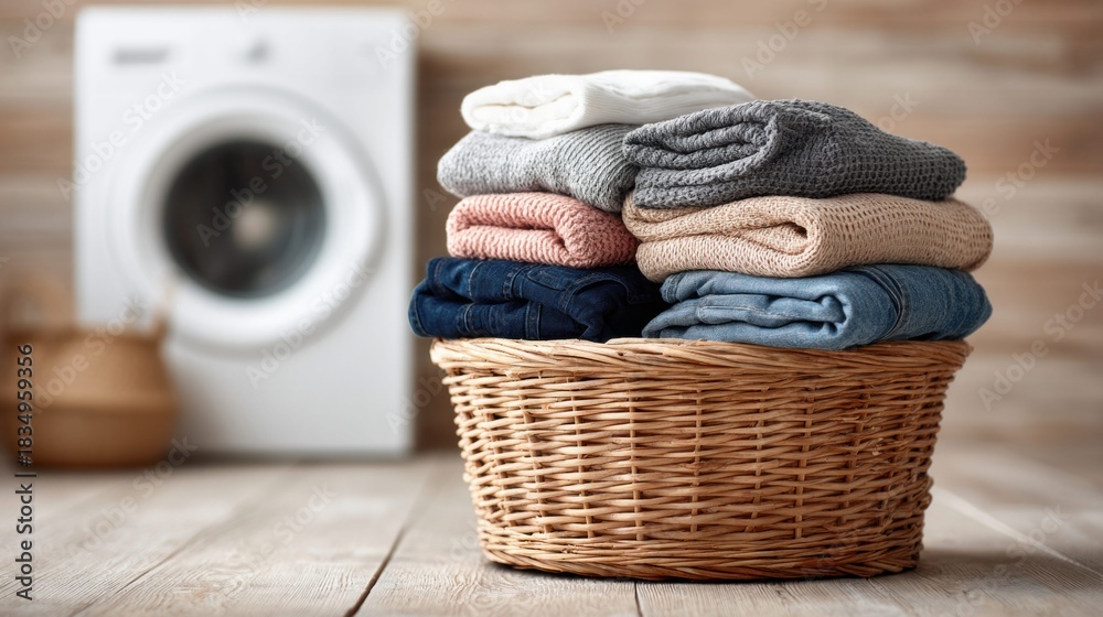 Obraz premium Freshly folded laundry in a wicker basket, ready for the next wash
