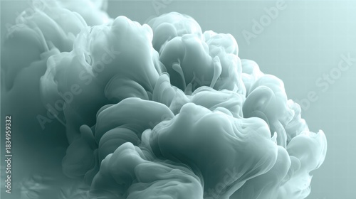 Abstract cloud-like formation in shades of teal and white against a soft background.