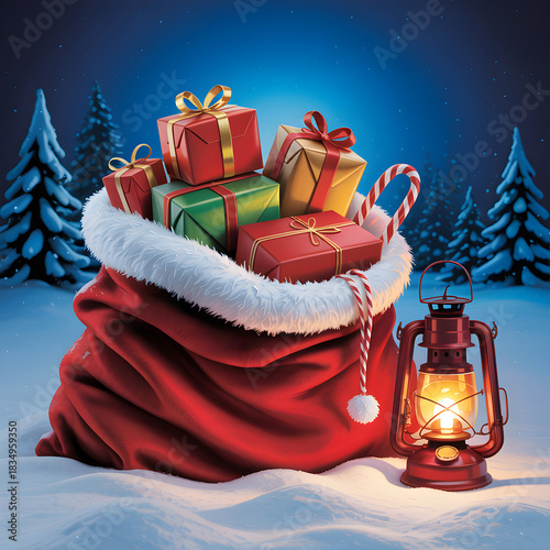 A festive red sack overflowing with wrapped Christmas gifts sits in the snow next to a glowing lantern at night.