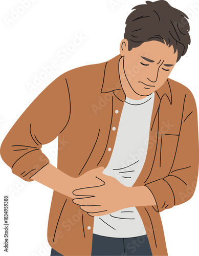 Man holding his stomach in pain, illustration of abdominal discomfort, stomachache or cramps, health and medical symptom concept in vector style