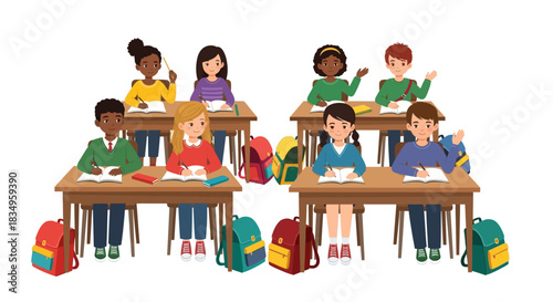 In a classroom, diverse students are diligently studying at their desks, depicted in a bright, flat vector illustration with backpacks clustered around them.
