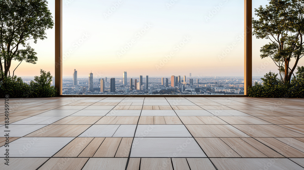 Fototapeta premium Spacious rooftop terrace with wood tile floor and city skyline at dusk, serene mood