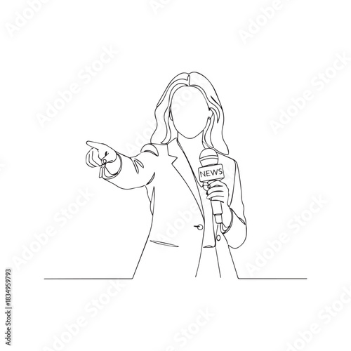 Continuous one line drawing of a female journalist holding a microphone and pointing. News reporter broadcasting concept in a minimalist vector art style.
