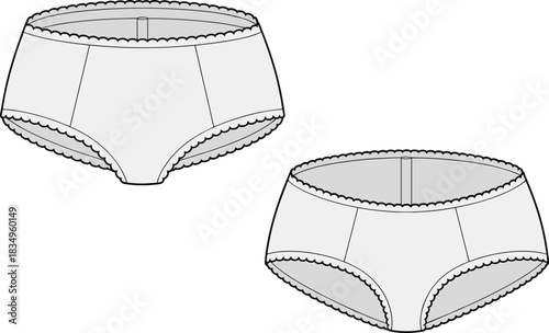 Women’s lace-trim underwear technical drawing showing front and back views of classic briefs with detailed seams, garment outline, sewing pattern, and lingerie design vector