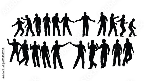 Diverse male silhouettes in various poses isolated on white background, Vector