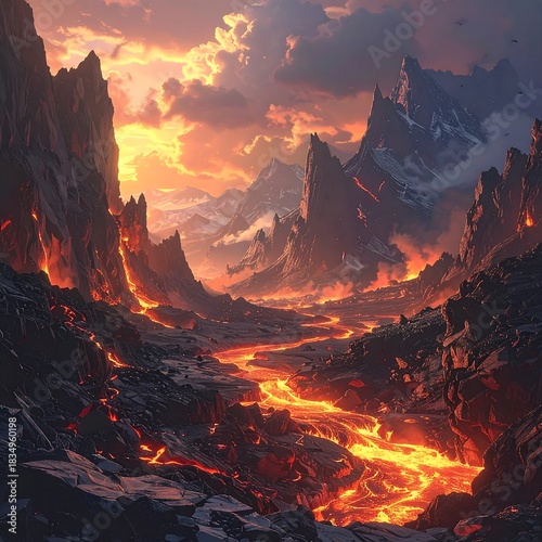Surreal digital painting of a fiery volcanic landscape at sunset