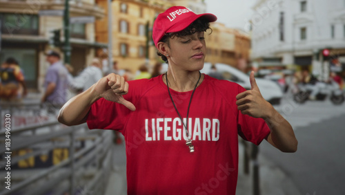 Fotografie Lifeguard teen in red cap and shirt wearing whistle shows left thumb down and right thumb up on a city street; playful ambivalence