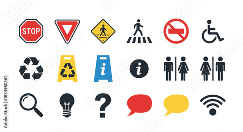 A clean, flat lay illustration shows a variety of common public information symbols in bright, primary colors arranged on a stark white background.