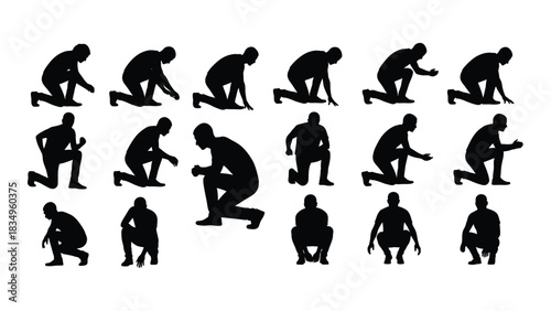 Kneeling and squatting male silhouettes vector set isolated on white background, Vector