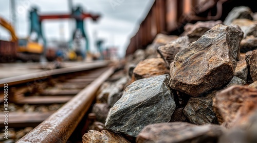 Wallpaper Mural Close Up View of Rough Textured Rocks Beside Railroad Tracks with Blurred Industrial Background Torontodigital.ca