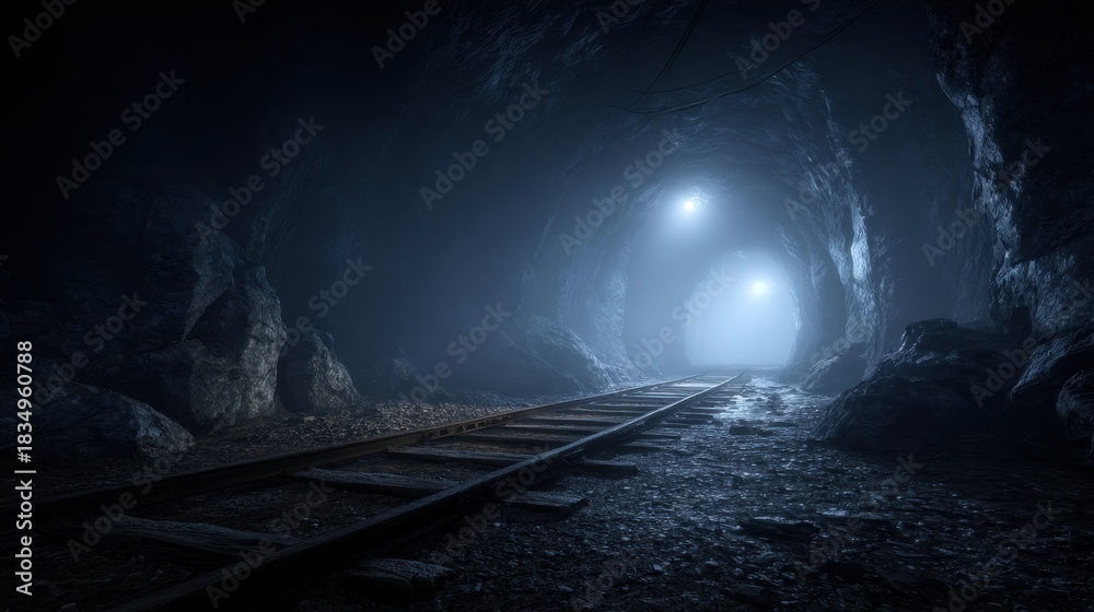 Naklejka premium Dark Tunnel Interior with Rail Tracks and Dim Lighting