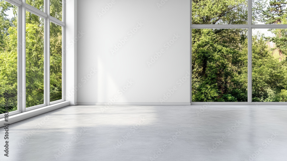Fototapeta premium Empty modern room with large window forest view and soft daylight, minimal elegant interior