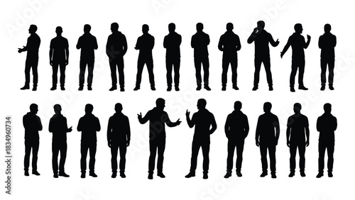 Collection of male silhouettes in various poses isolated on white background, Vector