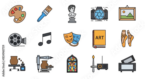 Isolated on white, a colorful collection of art-themed icons depicts various creative tools and mediums in a flat, vector style with a clean, minimalist design.