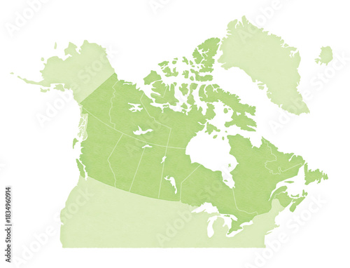 カナダ全土を淡い緑色で表現したシンプルな地図イラスト(州境界線入り)