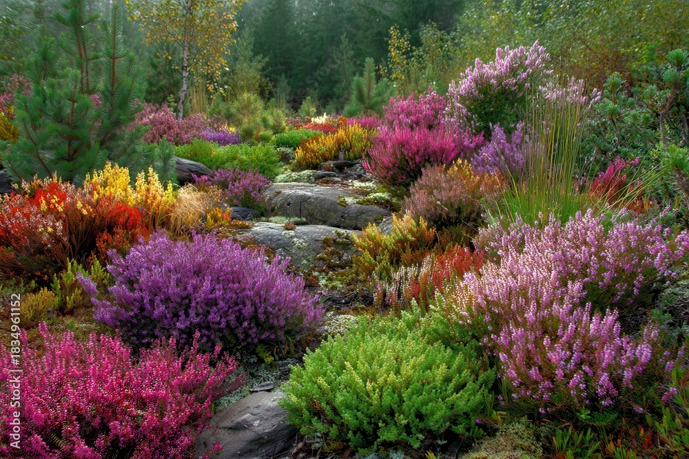 Obraz premium Planting vibrant heathers in a garden during autumn with colorful blooms and natural stone pathways enhancing the landscape