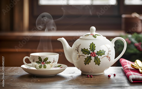 Steaming hot tea in a festive holly-decorated teacup and teapot on a wooden table, ready for a cozy winter moment.