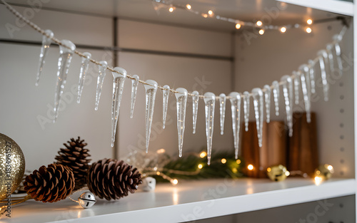 Close-up of a decorative garland of icicles, pinecones, and festive lights on a shelf.