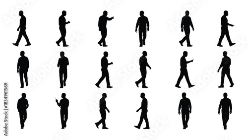Male silhouettes in various poses isolated on white background, Vector