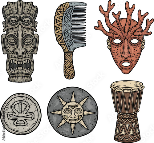 Linocut vector icon set featuring mysterious lost-island artifacts with bold carved rustic textures
