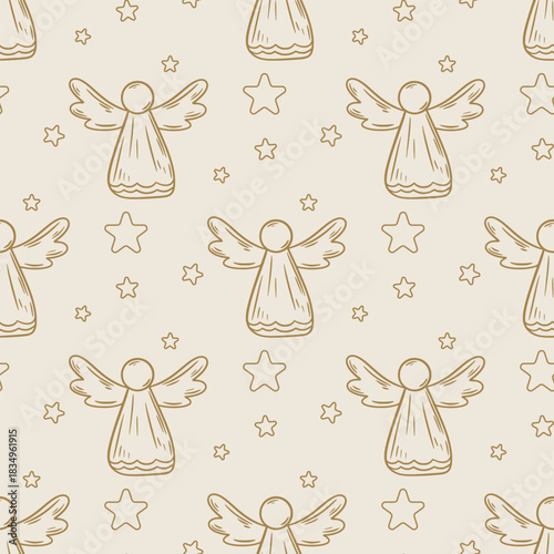 Cute vintage Christmas seamless pattern with angels. Retro background with sketched stars and angel silhouettes. Nostalgic atmospheric print for textiles, paper, packaging, design, vector graphics