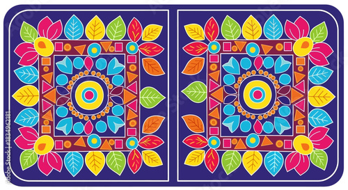 A vibrantly colored vector graphic displays a symmetrical floral design with leaves and geometric shapes against a deep blue background, showcasing a folk art style.